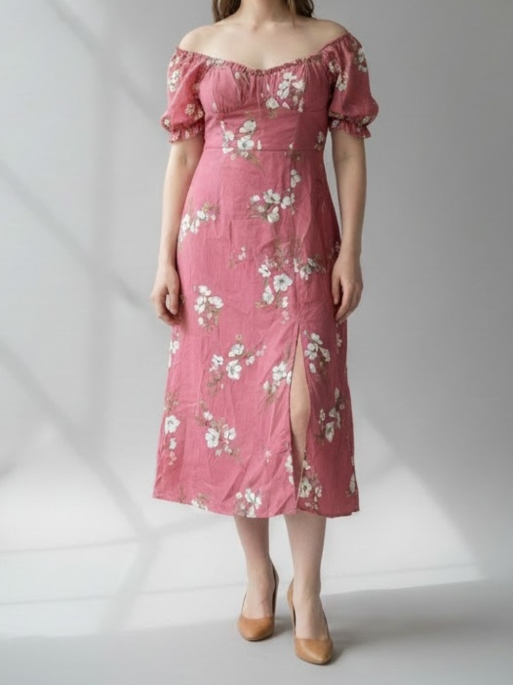 Off-Shoulder Pink Floral Midi Dress| Cottagecore mock corset bodice